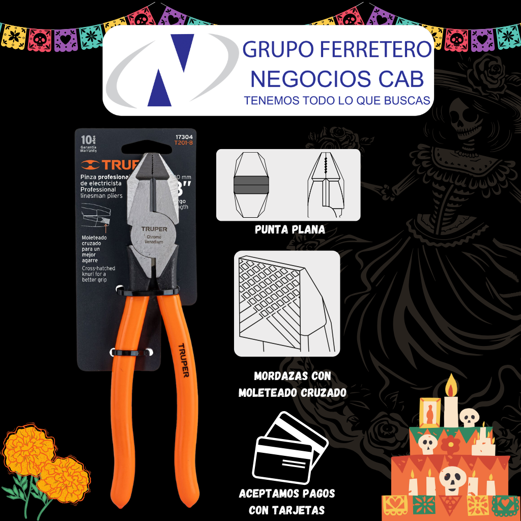 Pinza para electricista 8" uso rudo, mango PVC, Truper 17304